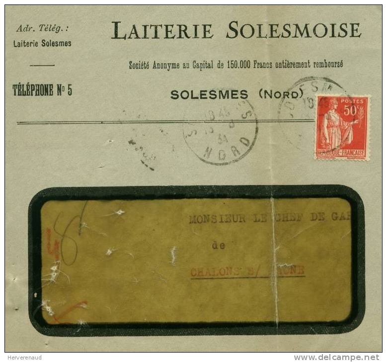 Paix 283 Sur Lettre De Solesmes (Nord), Pour  Chalon-sur-Saône - 1932-39 Vrede