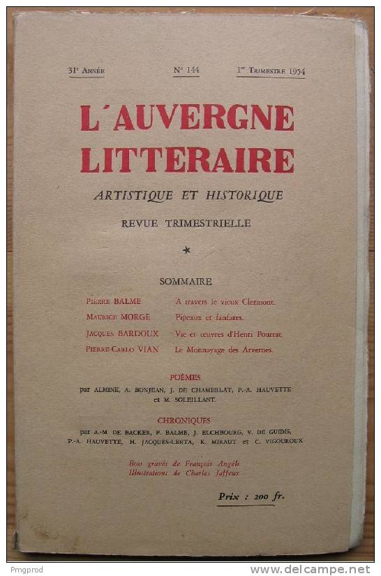 Auvergne Littéraire - N°144 - 1er Trim. 1954 - Vieux Clermont, Henri Pourrat, Monnayage Des Arvernes... - Auvergne