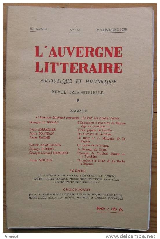 Auvergne Littéraire - N°160 - 3e Trim. 1958 - Peintures Du Moyen âge, La Fayette, Mayres... - Auvergne