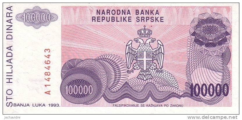 BOSNIE-HERZEGOVINE   100 000 Dinara  Emission De 1993   Pick 151a    ***** BILLET  NEUF ***** - Bosnie-Herzegovine