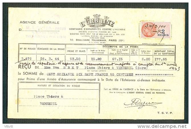 Facture Prime D'Assurance L'Urbaine, Agence De Dreux (1944) Pour Mme Bret, Verneuil (Eure), Timbre Fiscal 2 Francs - Bank & Versicherung