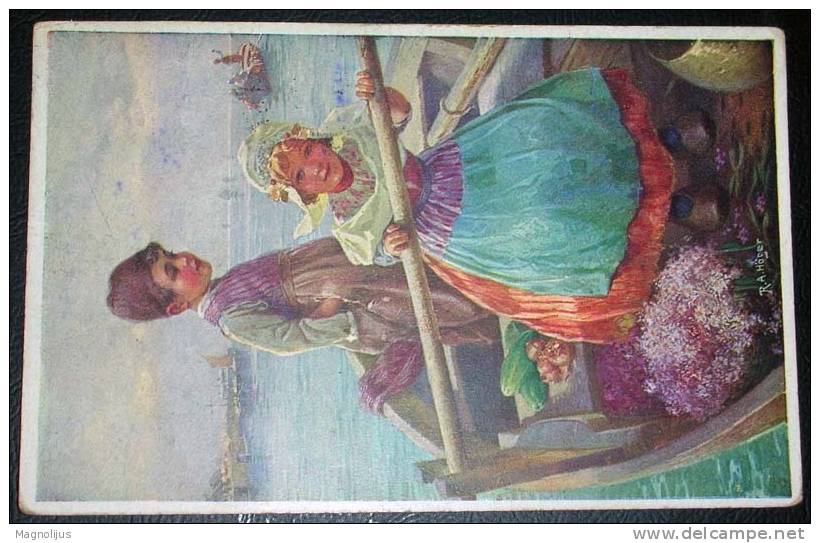 Children,Boy,Girl,Boat,Rowing,Folklore,Costumes,Netherlands,Holland,Signatured,R.A.Hober,vintage Postcard - Hober