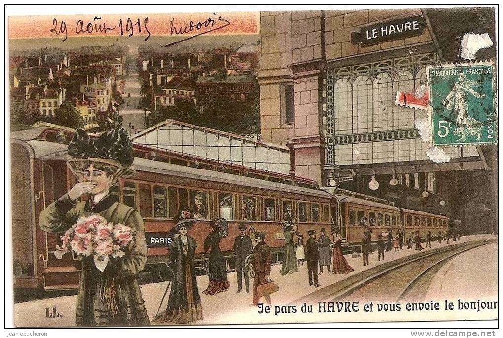 C.P.A    (   LE HAVRE   " Gare  Avec Train , Je Pars Du Havre .. Humoristique." Plan Animé - Rare ) - Gare