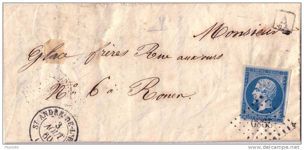 EURE-ST ANDRE DE L'EURE 3-8-1860 N°14 OB.PC2980 + BOITE URBAINE A - LETTRE AVEC TEXTE -RARE - 1849-1876: Période Classique