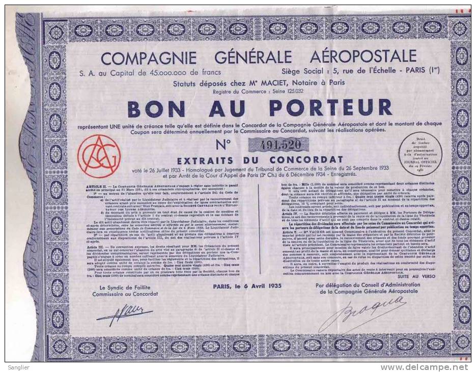 COMPAGNIE GENERALE AEROPÖSTALE - BON AU PORTEUR - 6 AVRIL 1935 N° 491.520 - Aviation