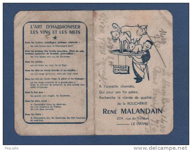 PETIT CALENDRIER 1956 BOUCHERIE RENE MALANDAIN 204 RUE DE VERDUN - LE HAVRE - Petit Format : 1941-60