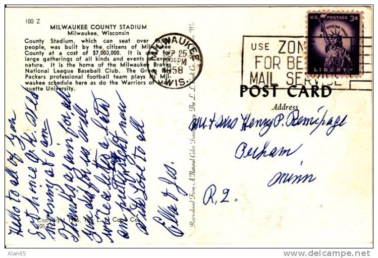 Milwaukee County Stadium, Milwaukee Braves Baseball Team Vintage Postcard - Honkbal