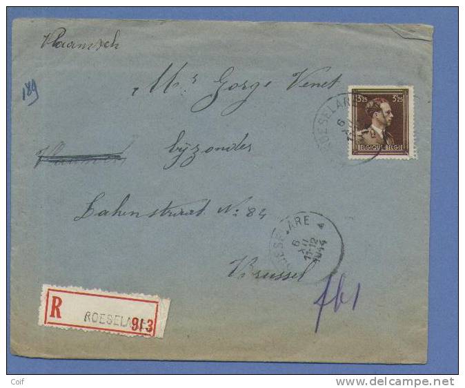 645 Op Aangetekende Brief Met Stempel ROESELARE (VK) - 1936-1957 Open Kraag