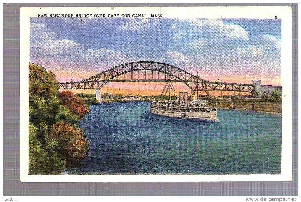 New Sagamore Bridge Over Cape Cod Canal, Massachusetts 1930's Ship Under Bridge - Cape Cod