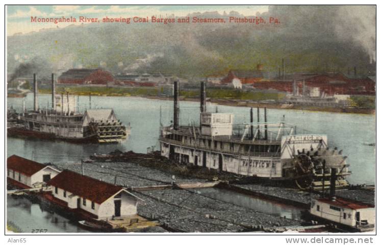 Paddle Wheel River Boats, Coal Barges On The Monongahela River Pittsburgh PA On Vintage Postcard - Pittsburgh