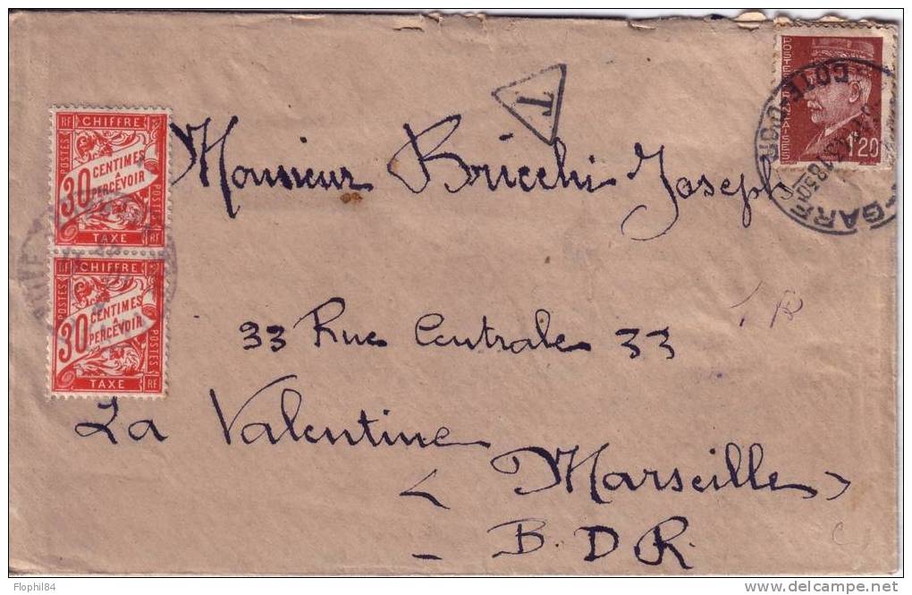 TAXE-BANDEROLE 30c ROUGE EN PAIRE-LETTRE DE DIJON GARE 6-11-1943 -LETTRE POUR MARSEILLE - 1859-1959 Covers & Documents