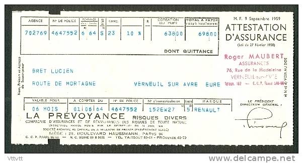 Attestation D´Assurance Automobiles (Juin 1964) : La Prévoyance, Roger Maubert (Vernueil-sur-Avre, Eure) - Banque & Assurance