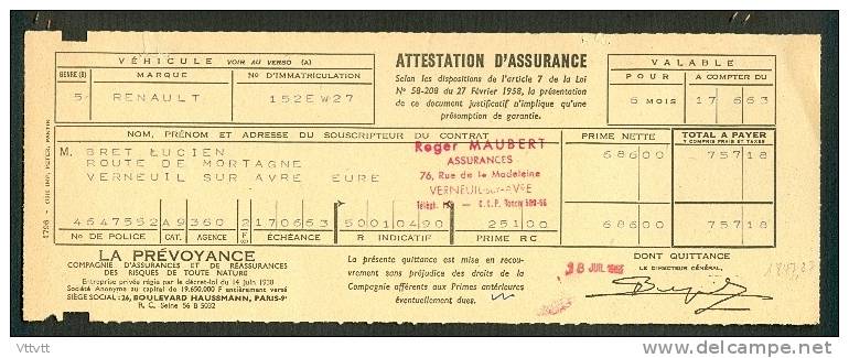 Attestation D´Assurance Automobiles (Juin 1963) : La Prévoyance, Roger Maubert (Vernueil-sur-Avre, Eure) - Banque & Assurance