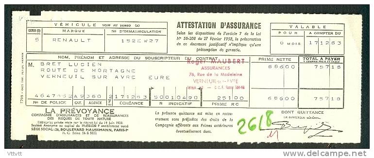 Attestation D´Assurance Automobiles (Decembre 1963) : La Prévoyance, Roger Maubert (Vernueil-sur-Avre, Eure) - Banco & Caja De Ahorros