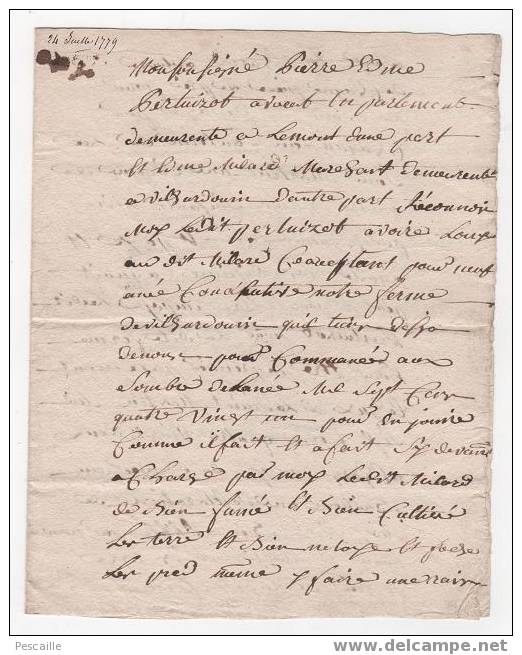 AUBE 10 - Reconnaissance De Location Datée Du 24 Juillet 1779 - VILLEHARDOUIN - Manuscripts