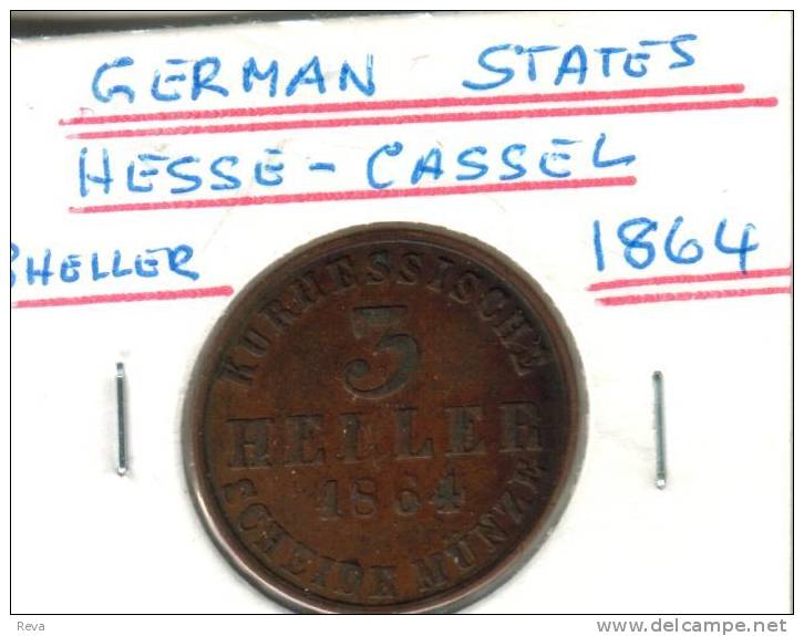 GERMANY  HESSE - CASSEL  3 HELLER  NAME FRONT  EMBLEM ANIMAL  BACK  1864 VF KM612  READ DESCRIPTION CAREFULLY !! - Autres & Non Classés