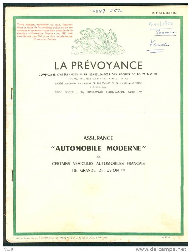 Police D´Assurance Automobile (1960) La Prevoyance : Camion-Fourgon Renault, M. Bret, Verneuil-sur-Avre (Eure) 12 Pages - Banque & Assurance