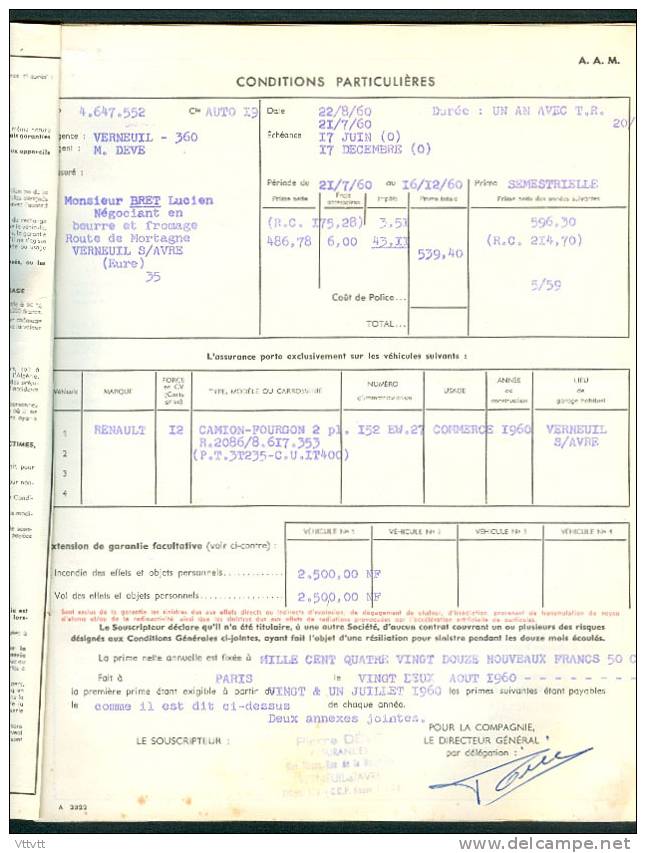 Police D´Assurance Automobile (1960) La Prevoyance : Camion-Fourgon Renault, M. Bret, Verneuil-sur-Avre (Eure) 12 Pages - Bank En Verzekering