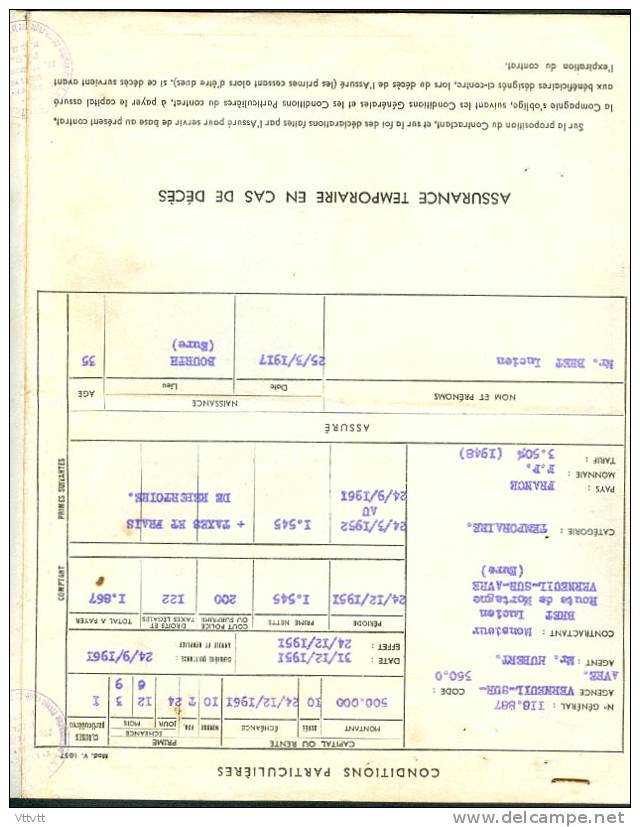 Police D´Assurance Temporaire En Cas De Décès (1961) La Prevoyance : M. Bret, Verneuil-sur-Avre (Eure) 6 Pages - Bank & Insurance