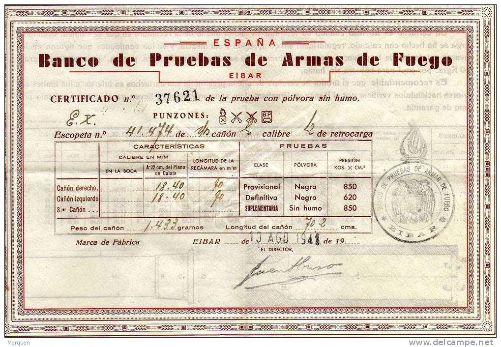 Certificado De Banco De Pruebas De ARMAS DE FUEGO - Documentos Históricos