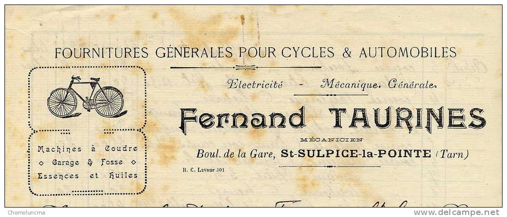Facture Fernand Taurines Saint Sulpice Tarn Cycles Vélo Automobile Machine à Coudre Huiles éléctricité Mécanique - Automobil