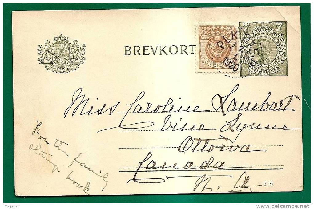 SWEDEN - 1920 UPRATED ENTIRE To OTTAWA - CANADA, - PLK 215B Cancellation - File Crease Not Affecting Stamps - Entiers Postaux