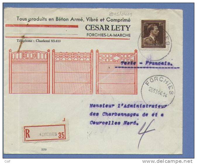 645 Op Aangetekende Brief Met Stempel FORCHIES , Hoofding "FORCHIES-LA-MARCHE"  (VK) - 1936-1957 Offener Kragen