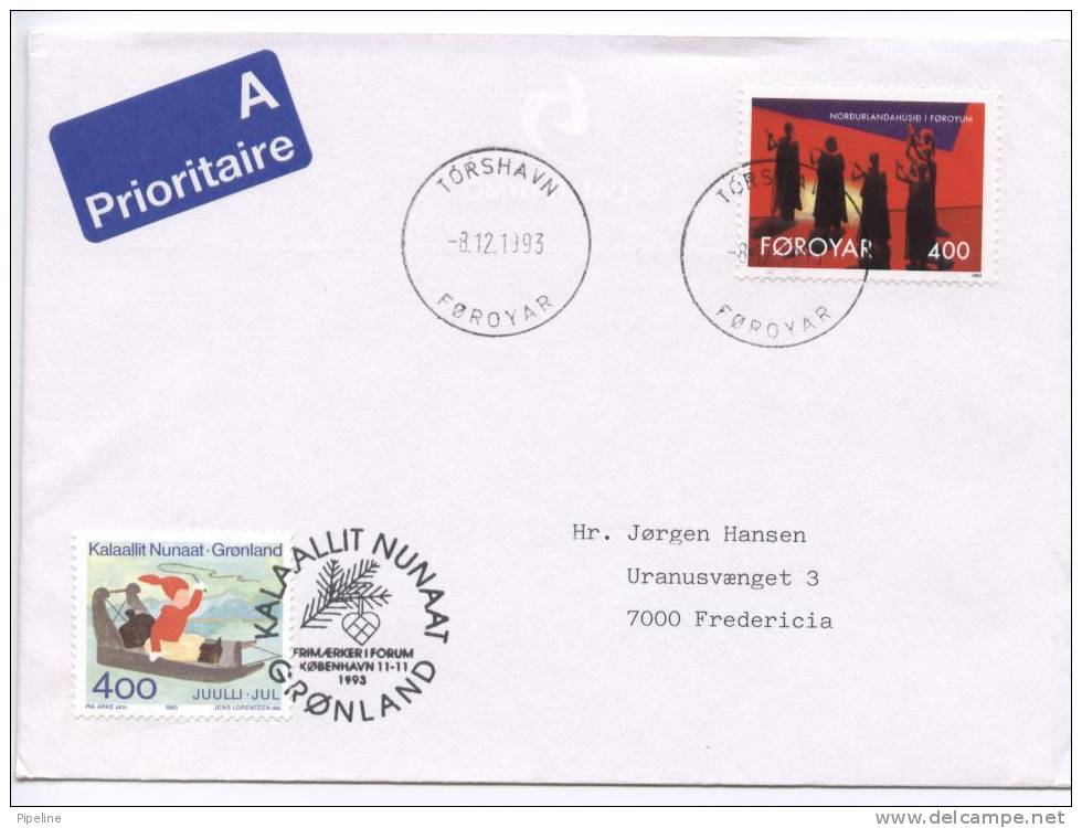 Greenland/Faroe Islands With Stamps From Both Countries Cancelled Copenhagen Denmark And Torshavn 8-12-1993 - Sonstige & Ohne Zuordnung