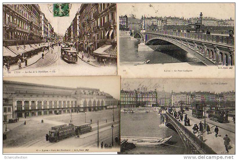 LYON.....Rue  Et Vues Diverses Pont..Gare.. Autour Des ..tramways 4 Cp - Andere & Zonder Classificatie