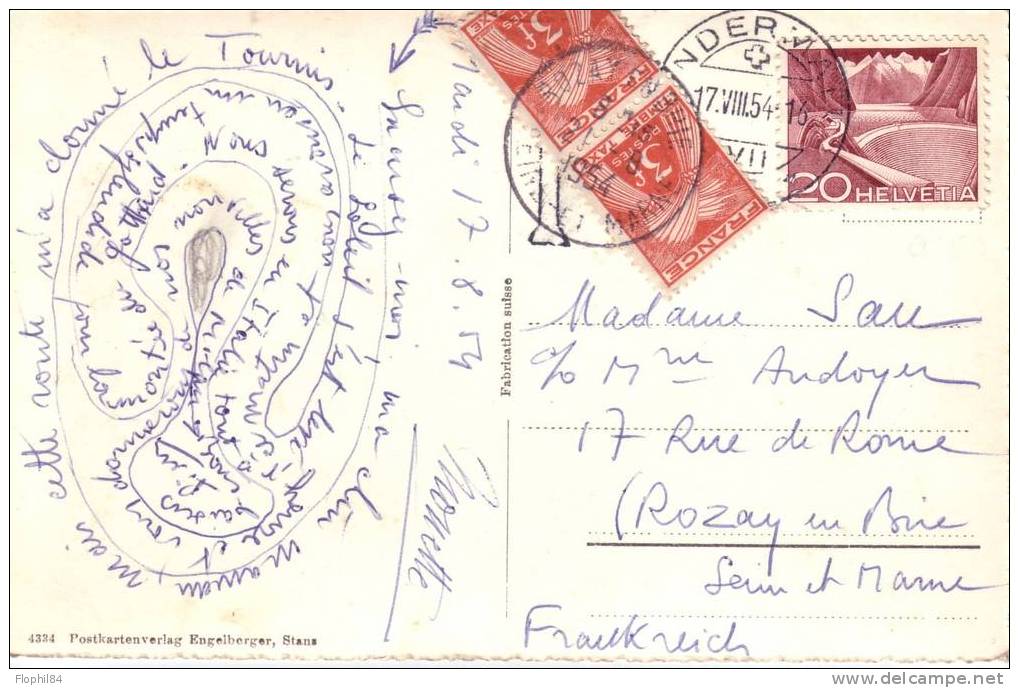 TAXE 3F EN PAIRE/CARTE POSTALE DE SUISSE DU 17-8-54 - 1859-1959 Cartas & Documentos