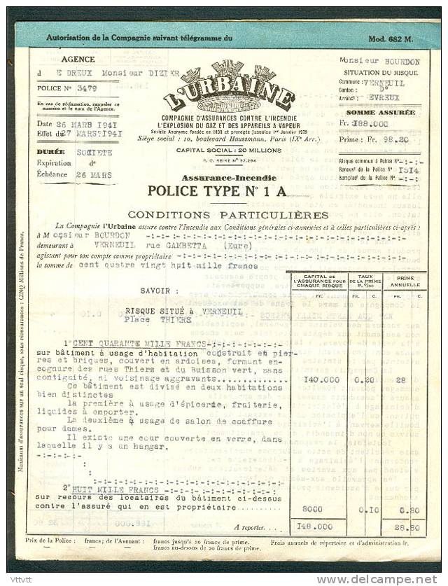 Police D´Assurance Contre L´Incendie (1941) L´Urbaine : M. Bourdon, Verneuil-sur-Avre (Eure) 4 Pages - Bank & Insurance