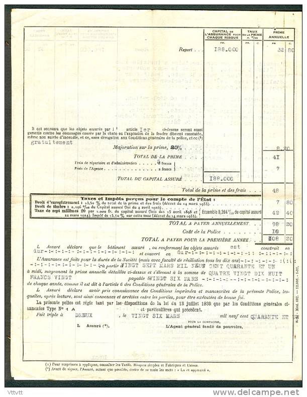 Police D´Assurance Contre L´Incendie (1941) L´Urbaine : M. Bourdon, Verneuil-sur-Avre (Eure) 4 Pages - Bank & Insurance