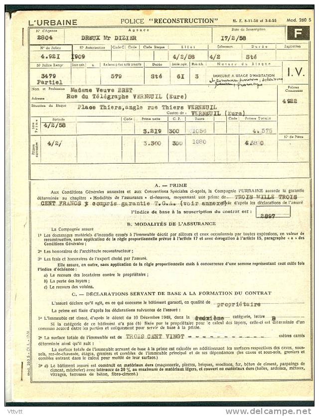 Police D´Assurance Contre L´Incendie (1958) L´Urbaine : Mme Bret, Verneuil-sur-Avre (Eure) 8 Pages - Banque & Assurance