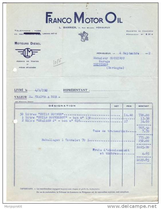 Facture De La Société FRANCO MOTOR OIL Moteur Diésel L. Barrier De Périgueux Et De 1942 - Auto's