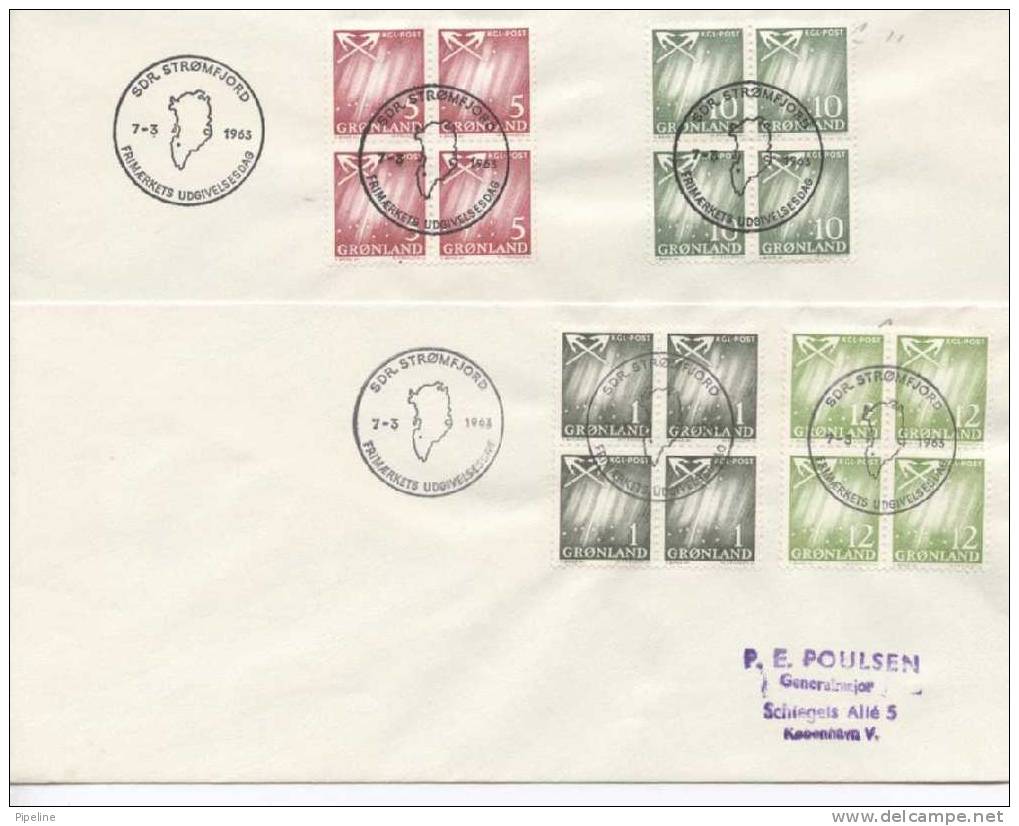 Greenland FDC Northern Lights Complete In Blocks Of 4 On 3 Covers 7-3-1963 Senrt To Denmark - Sonstige & Ohne Zuordnung