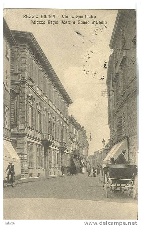REGGIO EMILIA - VIA E. SAN PIETRO - PALAZZO REGIE POSTE E BANCA D'ITALIA - B/N VIAGGIATA 1912. ANIMATA- EDIZ. BONVICINI- - Reggio Emilia