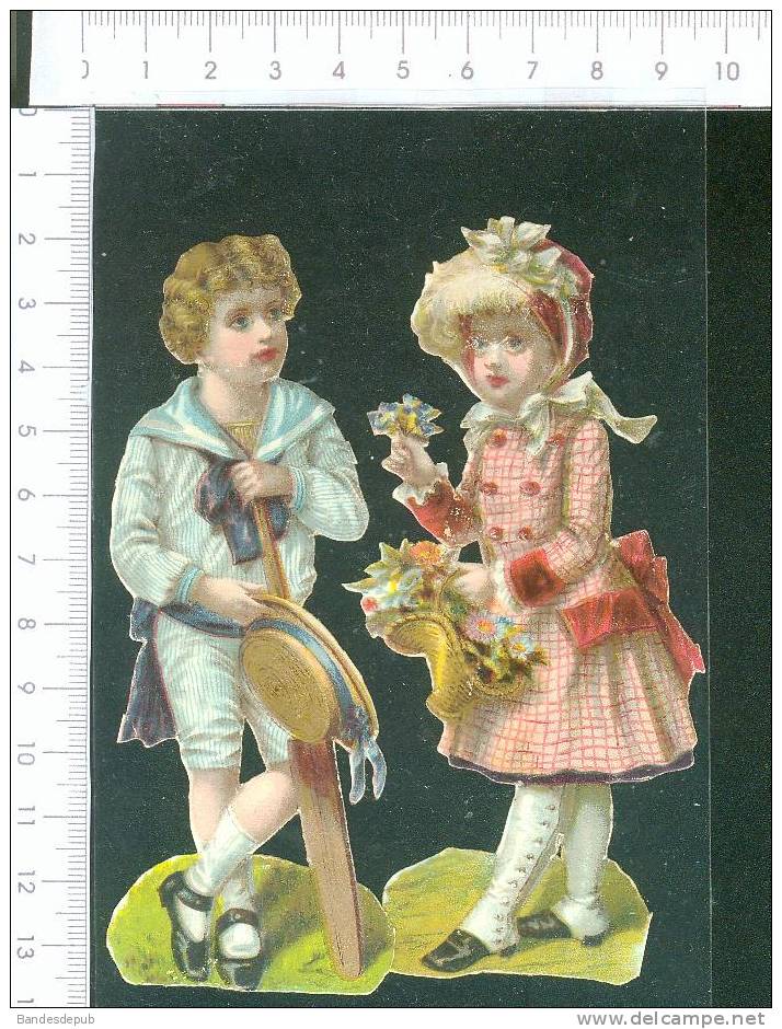 Deux Chromos Découpis Enfant Costume Marin Fillette Fleurs - Kinder