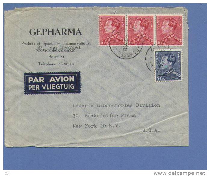 847A+848 (Band Van 3 !!!) Op Luchtpostbrief Met Stempel BRUSSEL Naar NEW YORK (U.S.A.) Frankeering 22 Fr !! - 1936-1951 Poortman