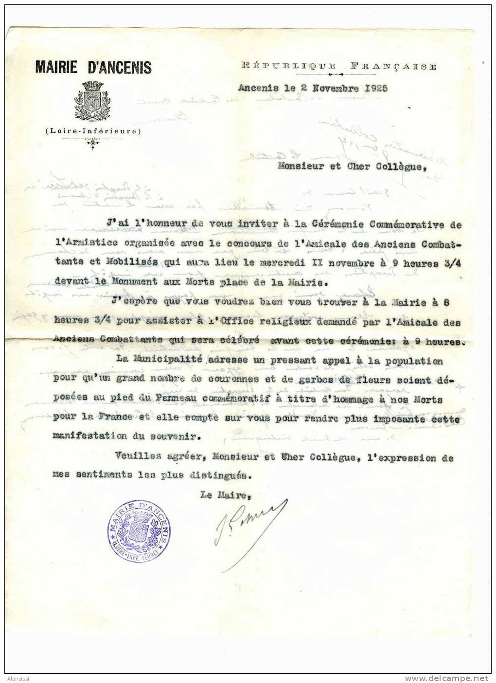 ANCENIS   MAIRIE  1925  INVITATION CEREMONIE COMMEMORATIVE DE L´ARMISTICE + ENVELOPPES ET 2 FASCICULES - Documents Historiques