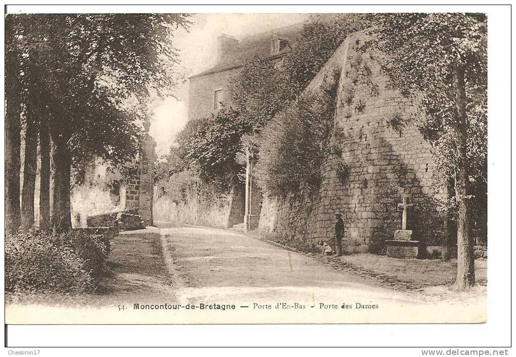 22 -   MONCONTOUR-de-BRETAGNE  -  Porte D´En-Bas - Porte Des Dames - Animée : Un Homme Et Son Chien Près Du Calvaire - Moncontour