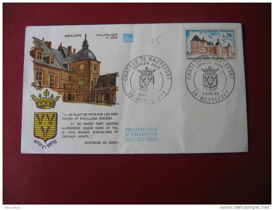 MARCOPHILIE-LETTRE:5-4-1969 FDC ENV PHILATELIQUE 1ER JOUR CHATEAU DE HAUTEFORT DORDOGNE 24 - 1960-1969