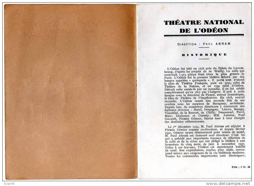 PROGRAMME THEATRE DE L'ODEON - Année 1938  La Piéce  Le  Roi Soleil 3actes 9 Tableaux - Auteurs Français