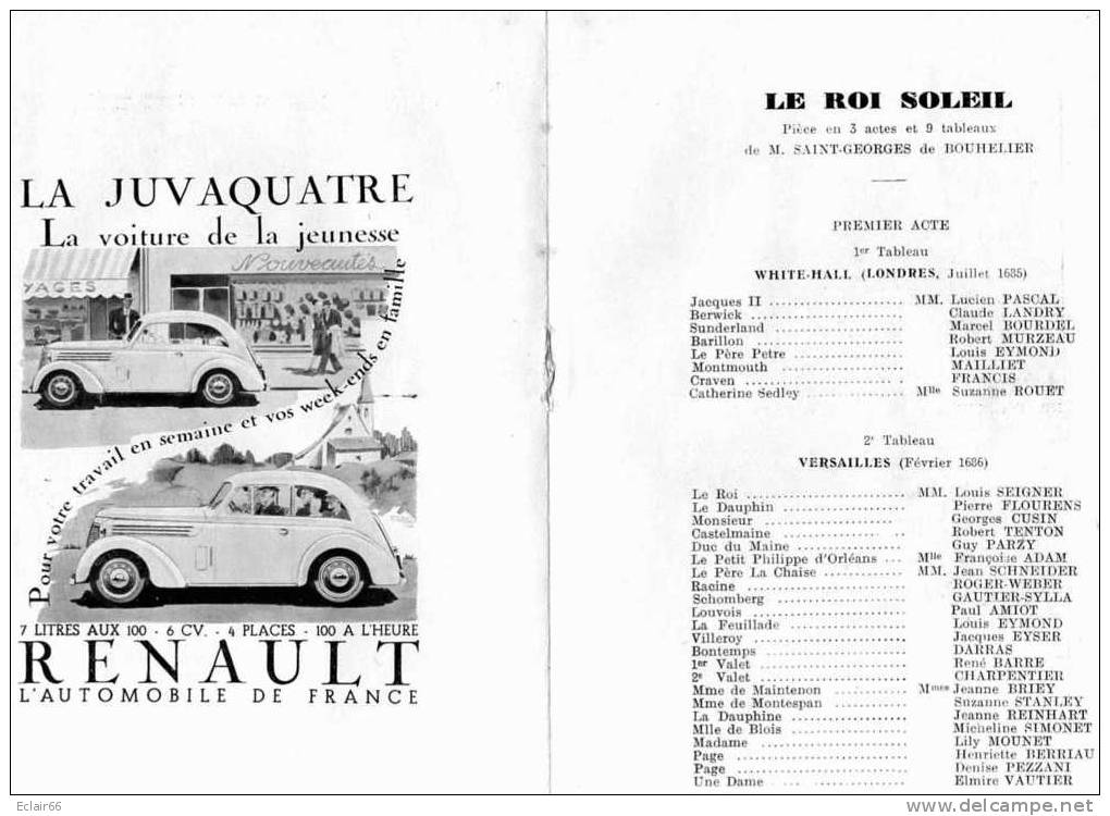 PROGRAMME THEATRE DE L'ODEON - Année 1938  La Piéce  Le  Roi Soleil 3actes 9 Tableaux - Franse Schrijvers