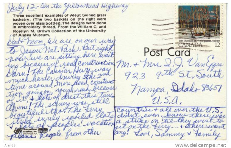 Alaska Native Basketry, Aleut Twined Grass Baskets, Yellowhead Highway Message On Back Vintage Postcard - Indiens D'Amérique Du Nord