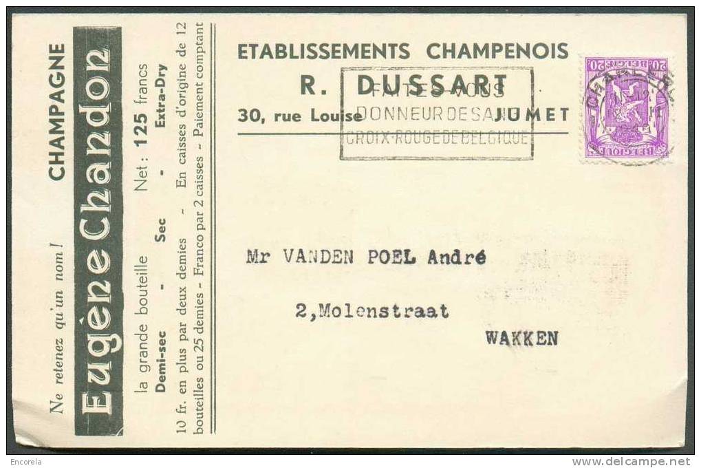 CHAMPAGNE - Etablissements Champenois R. DUSSART Champagne Eugène CHANDON Obl. Dc CHARLEROI 1941 Vers Wakken.  TB - 3707 - Vins & Alcools