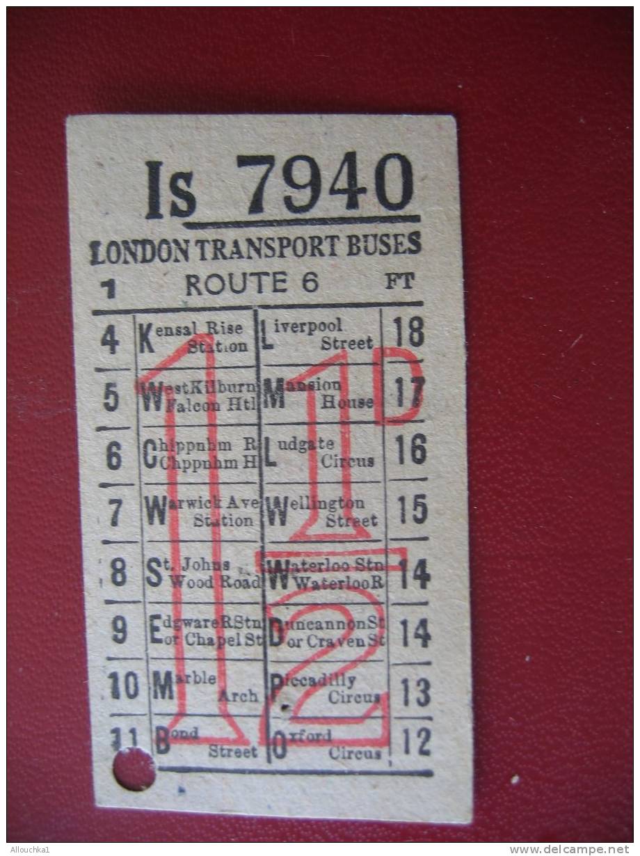 ANCIEN TICKET AUTOBUS LONDON TRANSPORT BUSES AVAILLABLE TO POINT INDICATED BY THE PUNCH-HOLE AND MUST BE SHOWN ON DEMAND - Europe