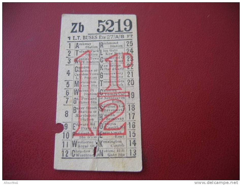 ANCIEN TICKET AUTOBUS LONDON TRANSPORT BUSES AVAILLABLE TO POINT INDICATED BY THE PUNCH-HOLE AND MUST BE SHOWN ON DEMAND - Europe