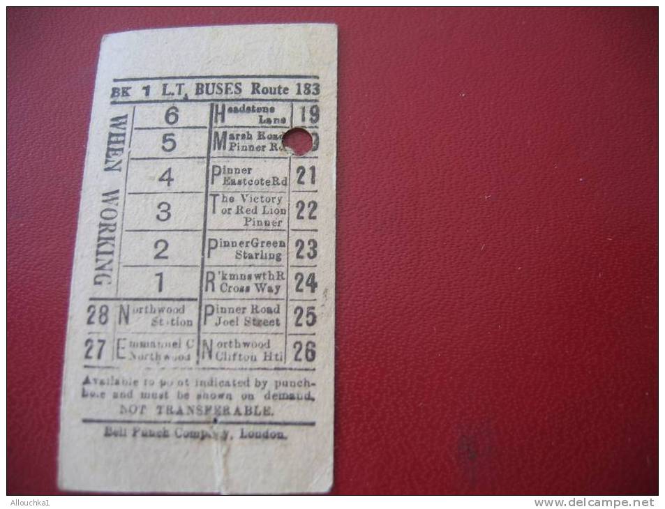 ANCIEN TICKET AUTOBUS LONDON TRANSPORT BUSES AVAILLABLE TO POINT INDICATED BY THE PUNCH-HOLE AND MUST BE SHOWN ON DEMAND - Europe