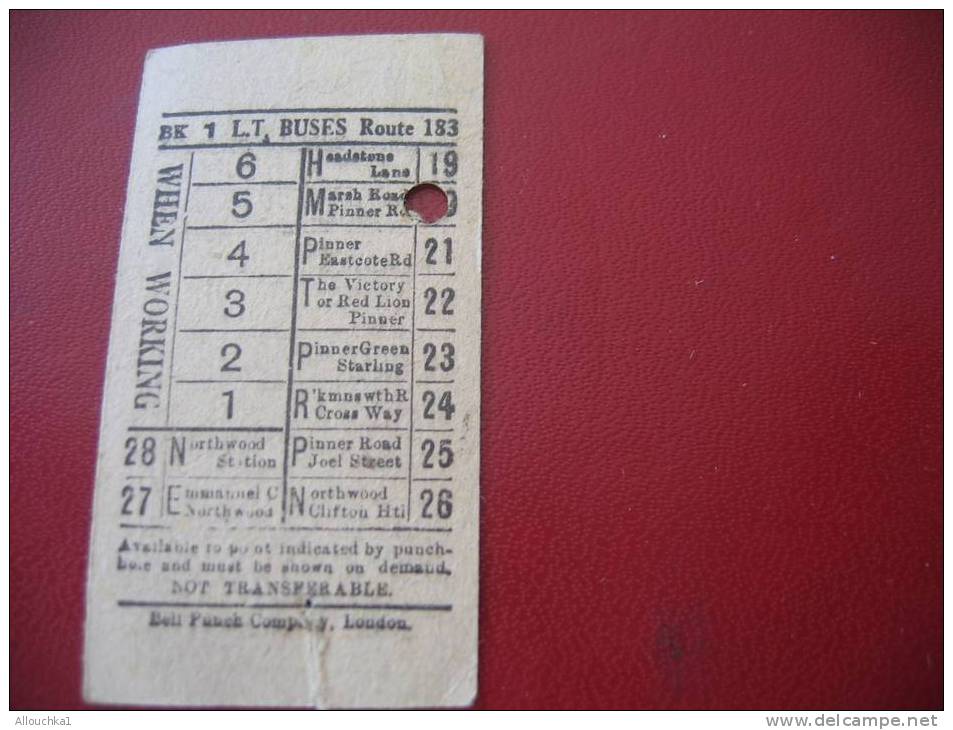 ANCIEN TICKET AUTOBUS LONDON TRANSPORT BUSES AVAILLABLE TO POINT INDICATED BY THE PUNCH-HOLE AND MUST BE SHOWN ON DEMAND - Europa