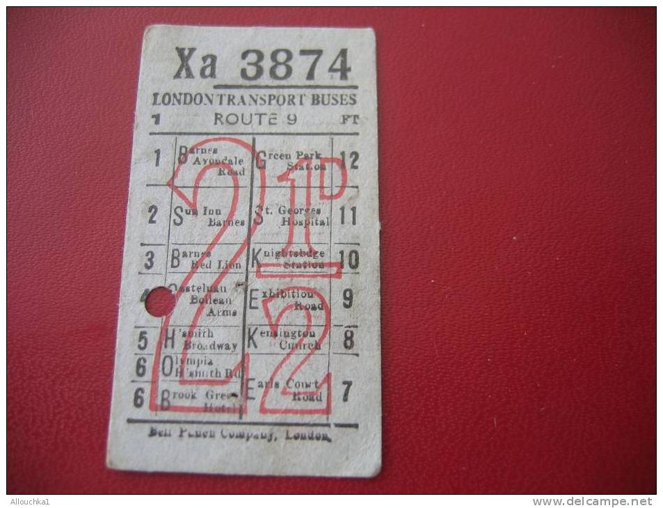 ANCIEN TICKET AUTOBUS LONDON TRANSPORT BUSES AVAILLABLE TO POINT INDICATED BY THE PUNCH-HOLE AND MUST BE SHOWN ON DEMAND - Europe